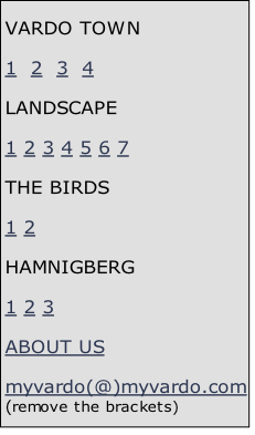 VARDO TOWN

1  2  3  4

LANDSCAPE

1 2 3 4 5 6 7

THE BIRDS

1 2

HAMNIGBERG

1 2 3

ABOUT US

myvardo(@)myvardo.com
(remove the brackets)
